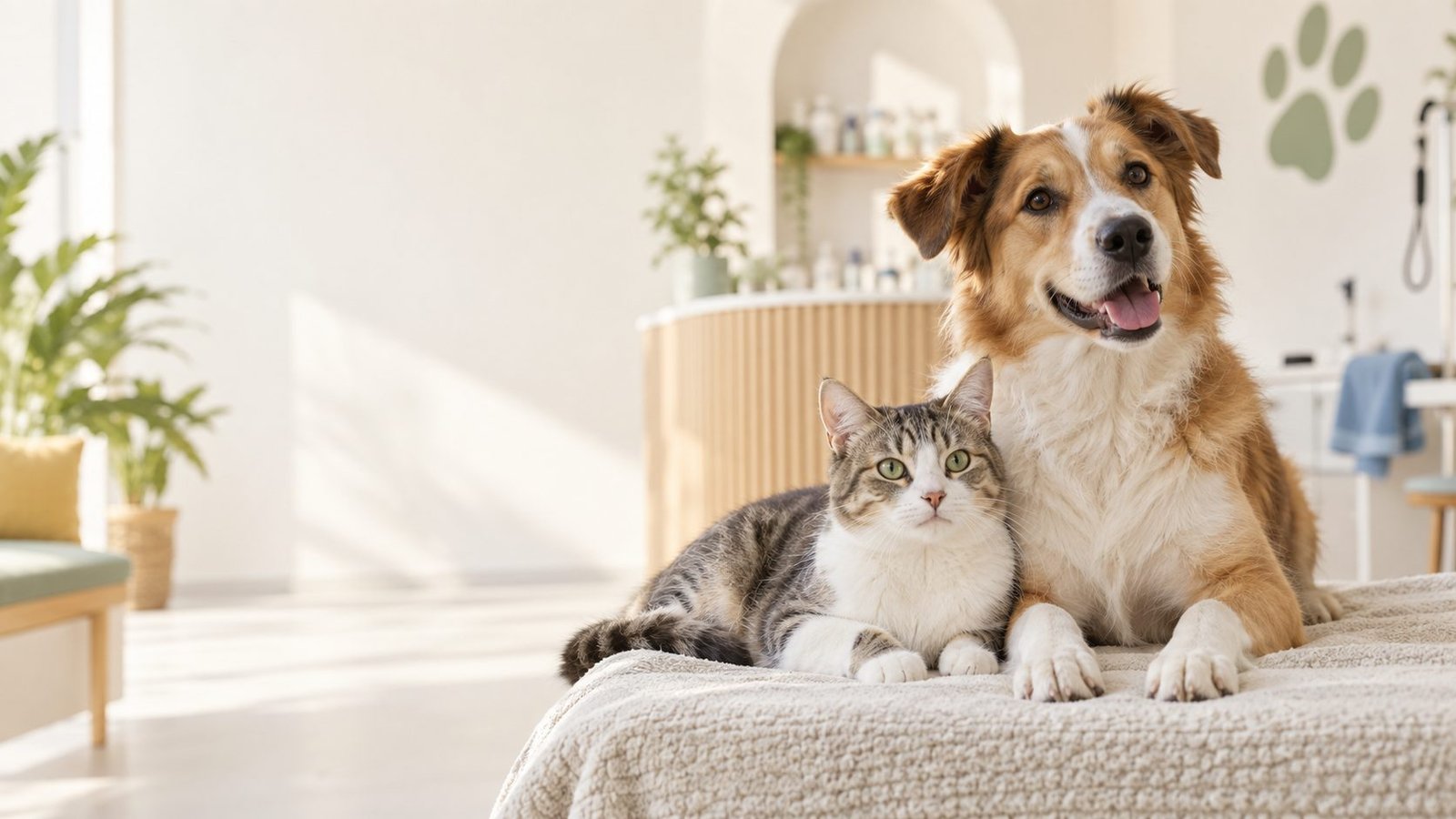 Perro y gato juntos en un espacio luminoso de cuidado animal