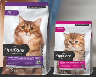 Empaques de alimento OptiCare para gato adulto y gatito
