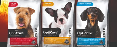 Empaques de alimento OptiCare para perro adulto, cachorro y adulto de razas pequeñas